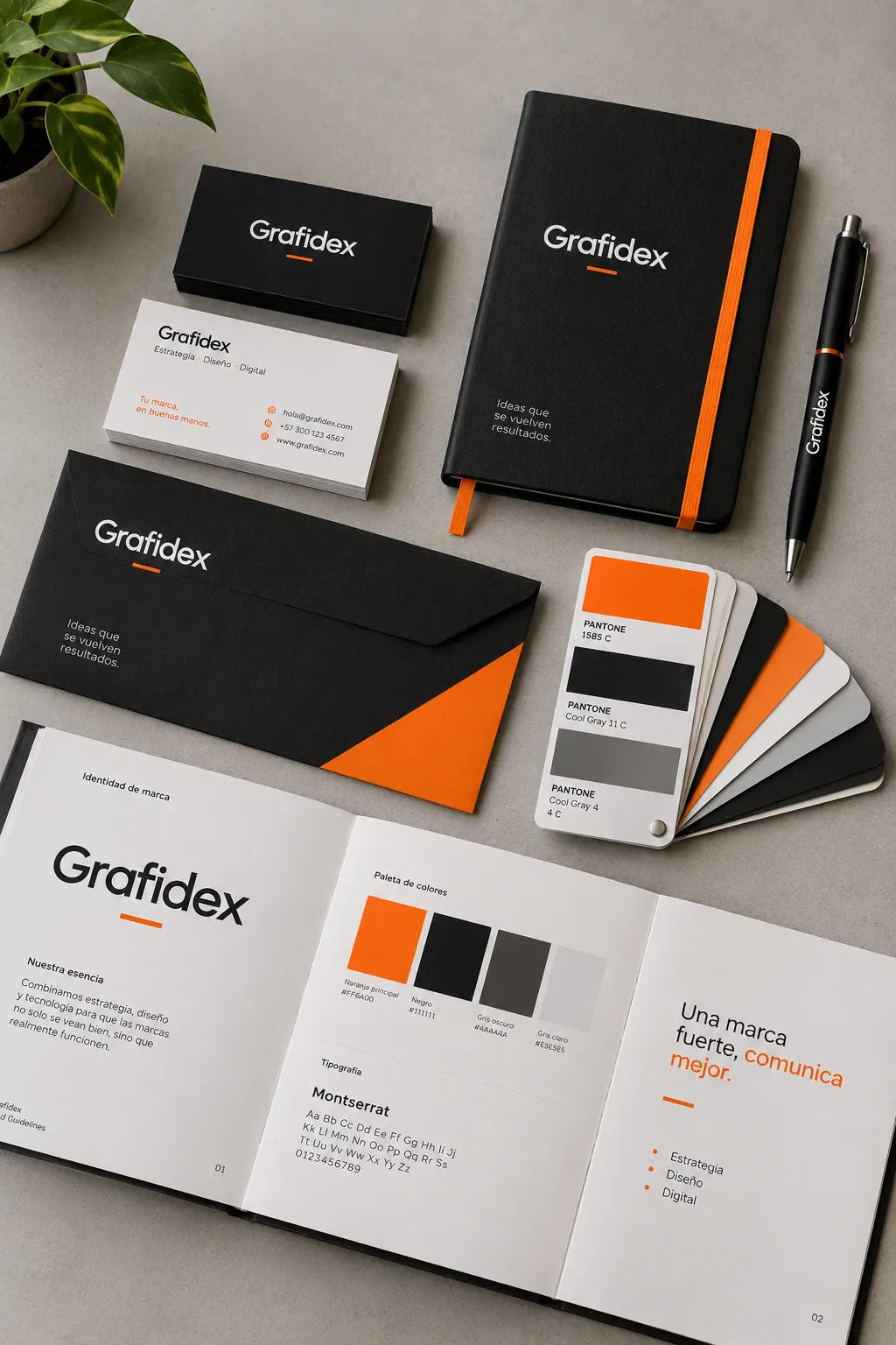 Papelería corporativa, manual de marca y muestras de color de Grafidex