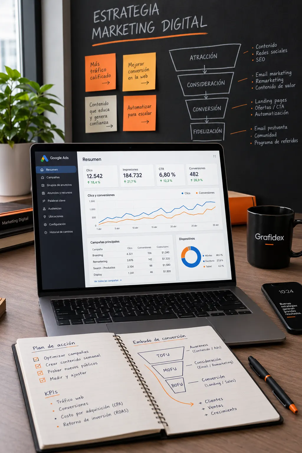 Tablero con embudo de marketing y portátil con métricas de campañas