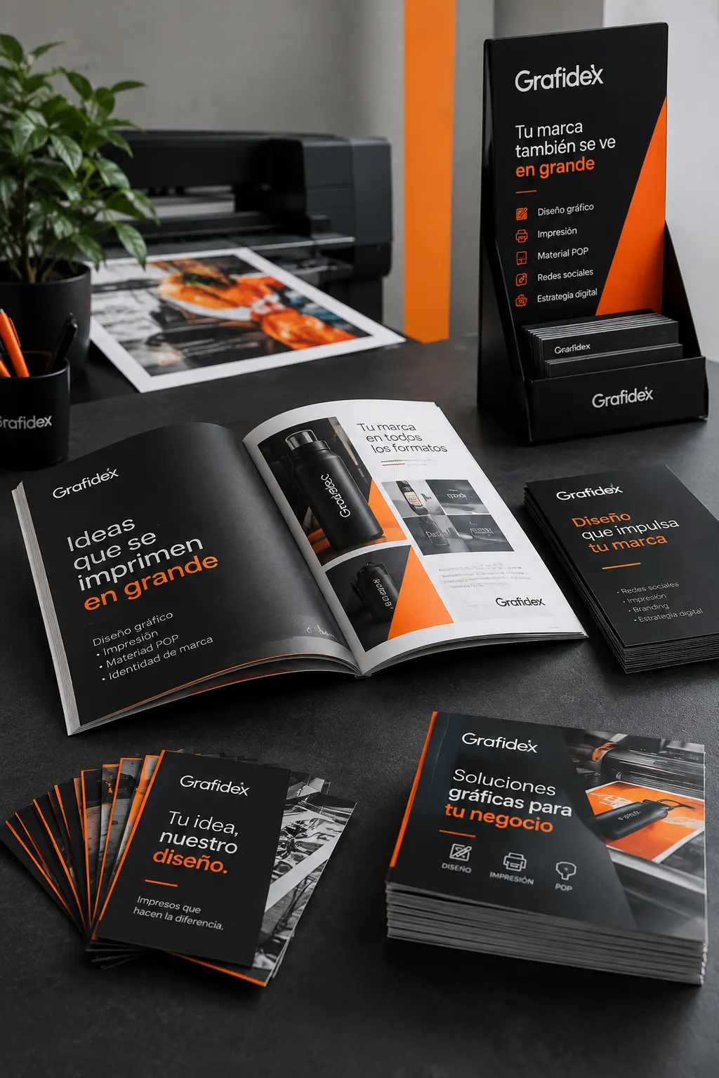 Brochures, tarjetas y material impreso con la línea gráfica de Grafidex